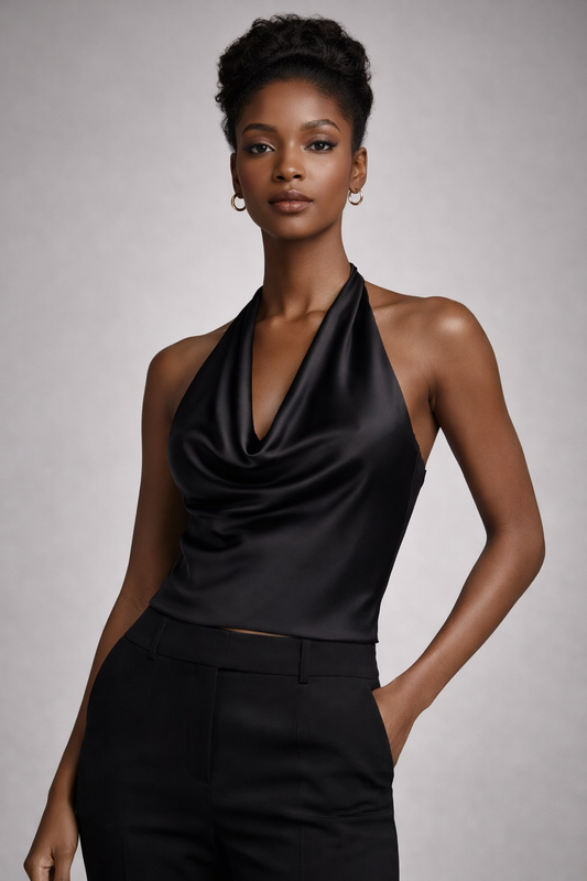SATIN BLACK HALTER TOP WITH BOW DETAIL