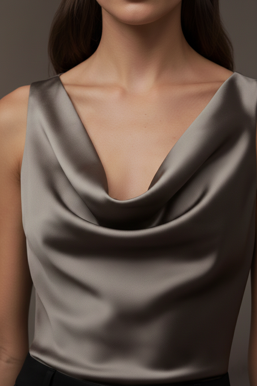 SATIN GREY HALTER TOP WITH BOW DETAIL