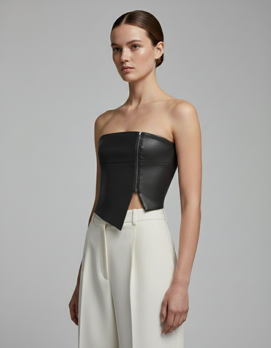 FAUX BLACK  LEATHER BANDEAU CROP TOP