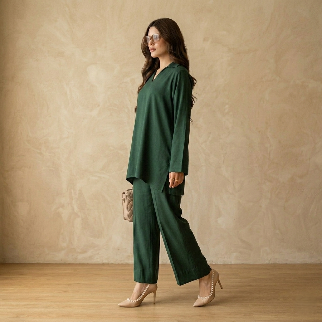 Forest Green Luxe Co-ord Set – Timeless Minimal Elegance