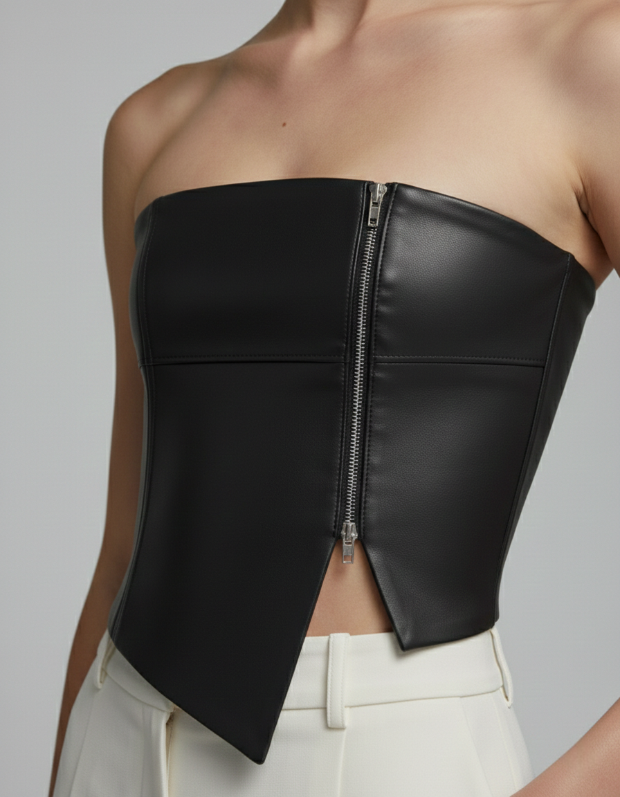 FAUX BLACK  LEATHER BANDEAU CROP TOP