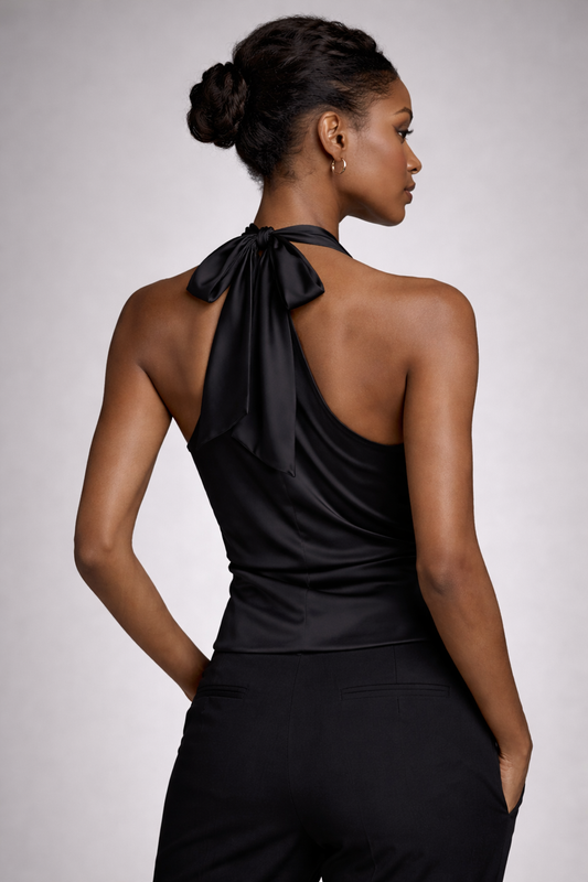 SATIN BLACK HALTER TOP WITH BOW DETAIL