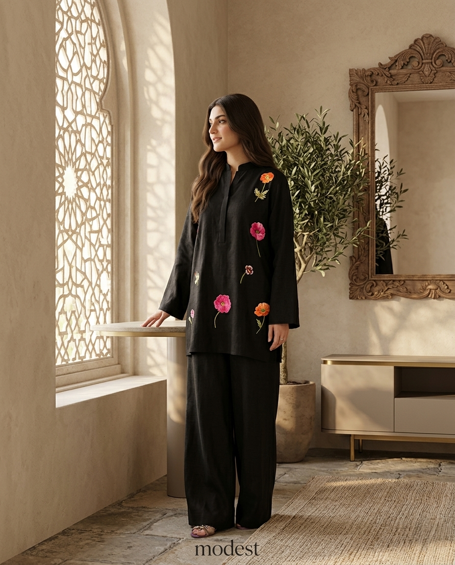 Midnight Bloom Embroidered Co-Ord Set