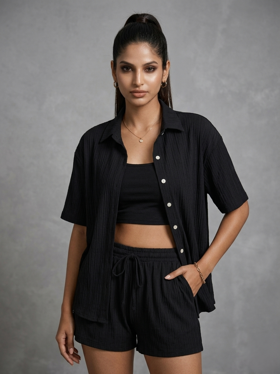 Jet Black Ribbed 3-Piece Co-Ord Set