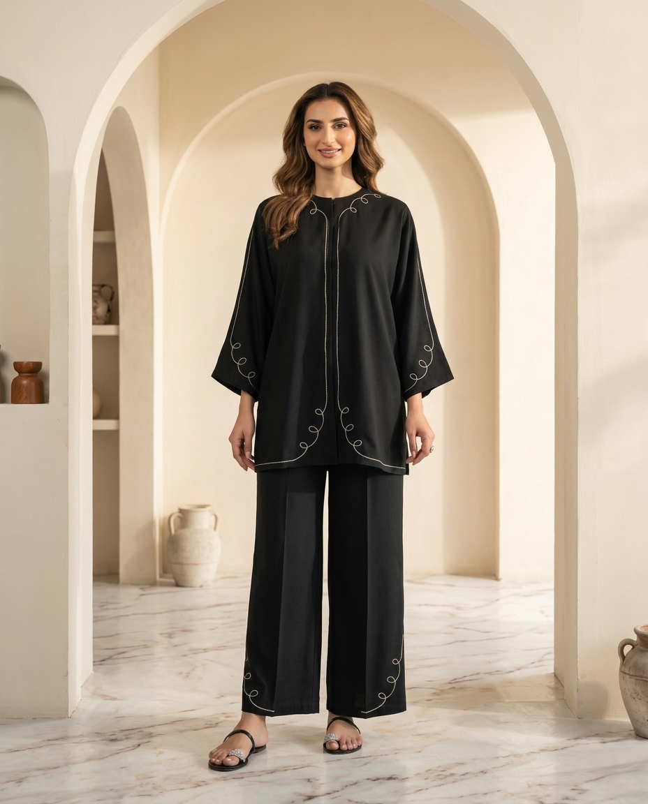 Elegant Black Embroidered Relaxed Co-Ord Set