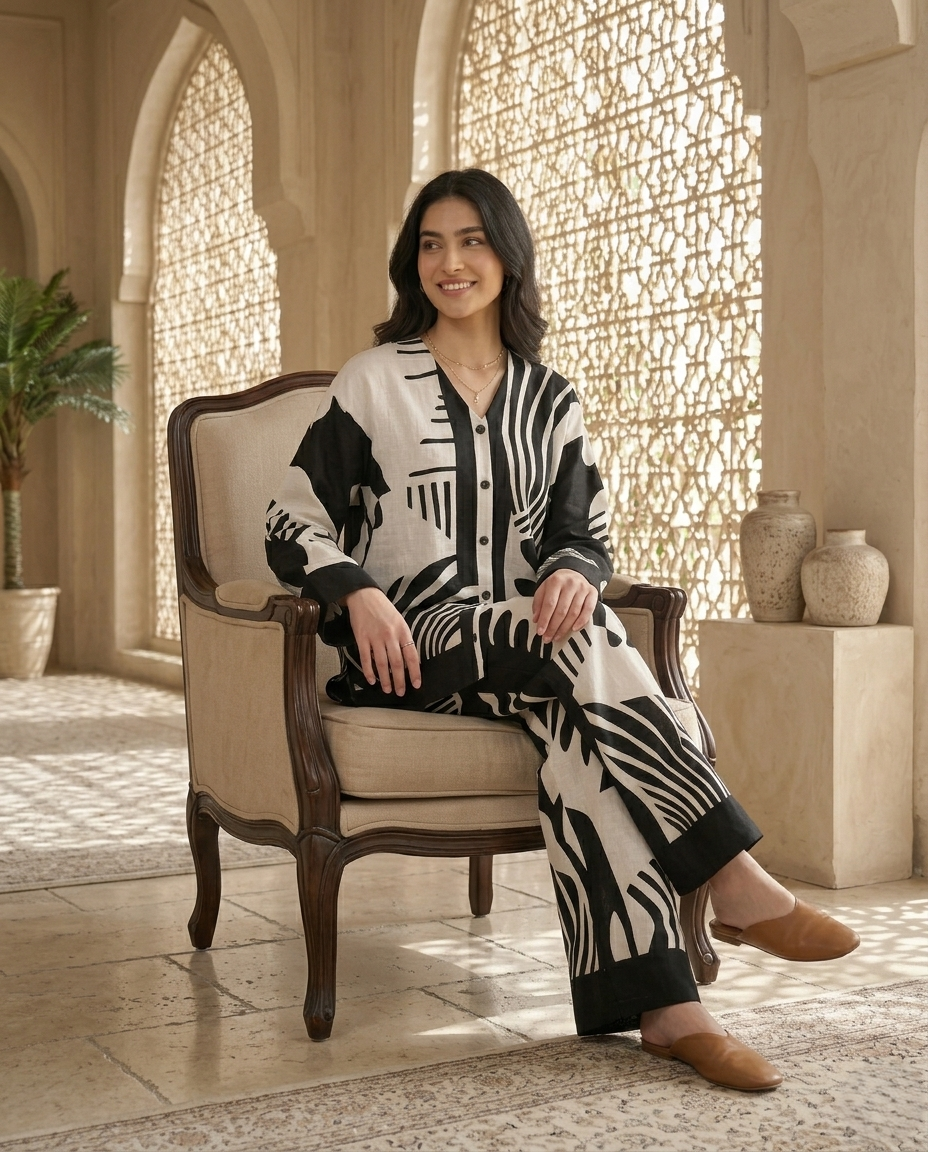 Monochrome Abstract Printed Relaxed Co-Ord Set