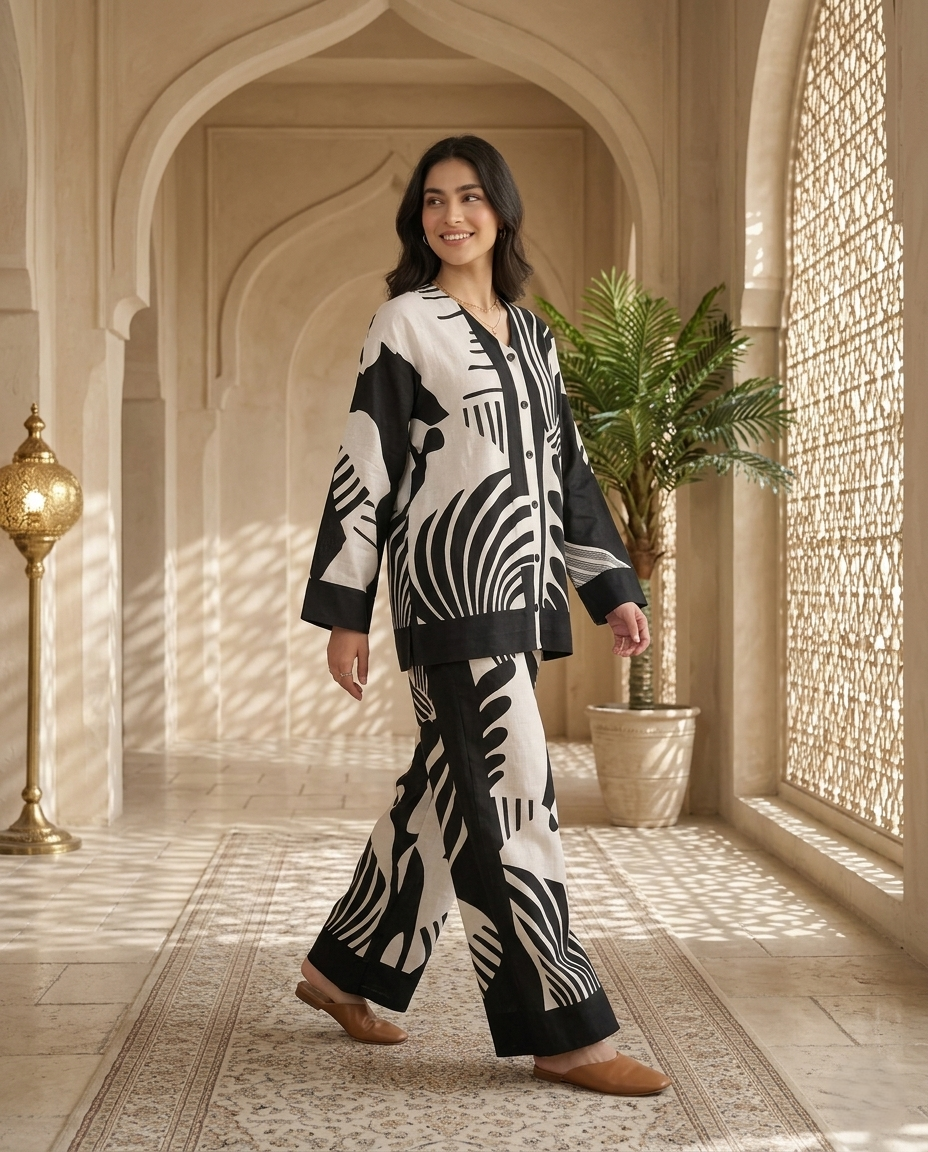 Monochrome Abstract Printed Relaxed Co-Ord Set