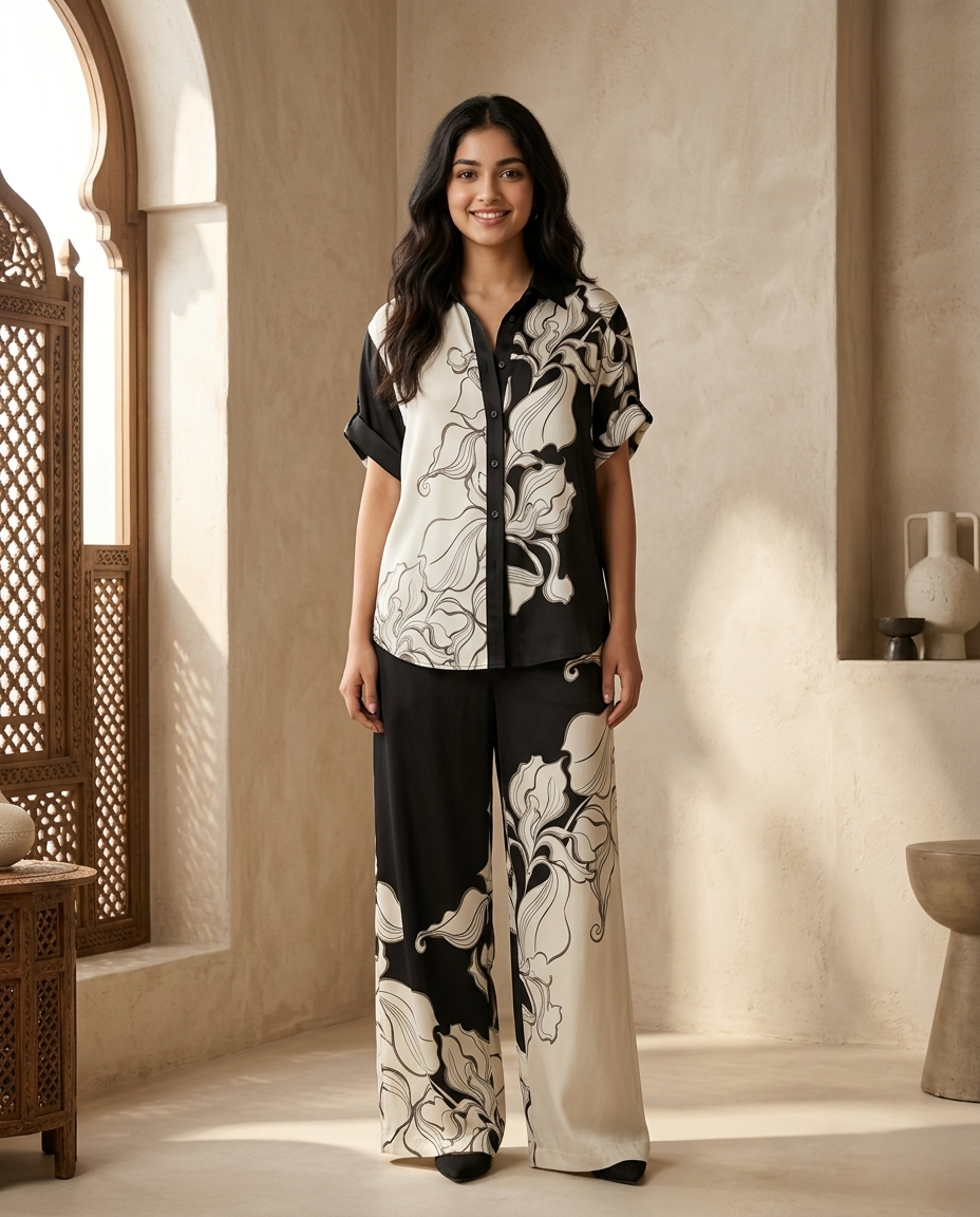 Monochrome Floral Printed Co-Ord Lounge Set