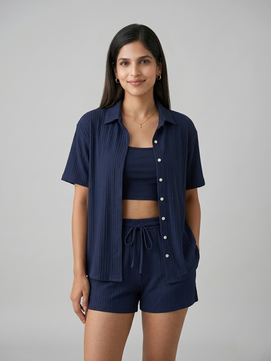 Midnight Blue Ribbed 3-Piece Co-Ord Set