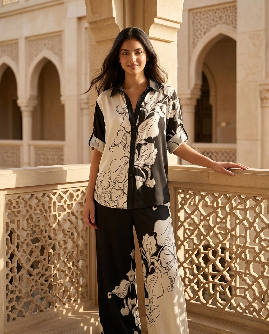 Monochrome Floral Printed Co-Ord Lounge Set