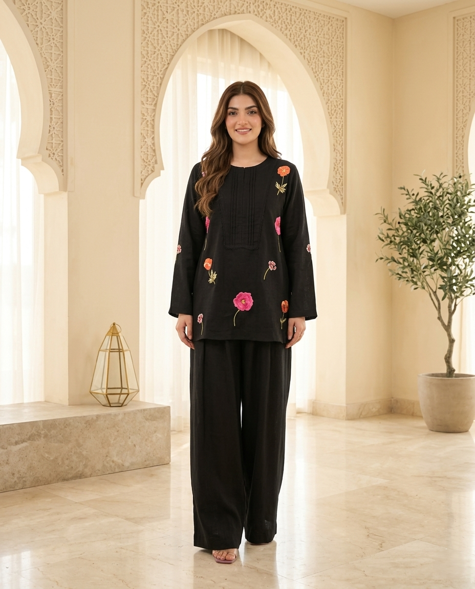 Midnight Bloom Embroidered Co-Ord Set