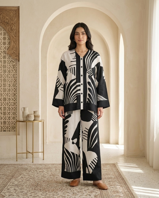 Monochrome Abstract Printed Relaxed Co-Ord Set