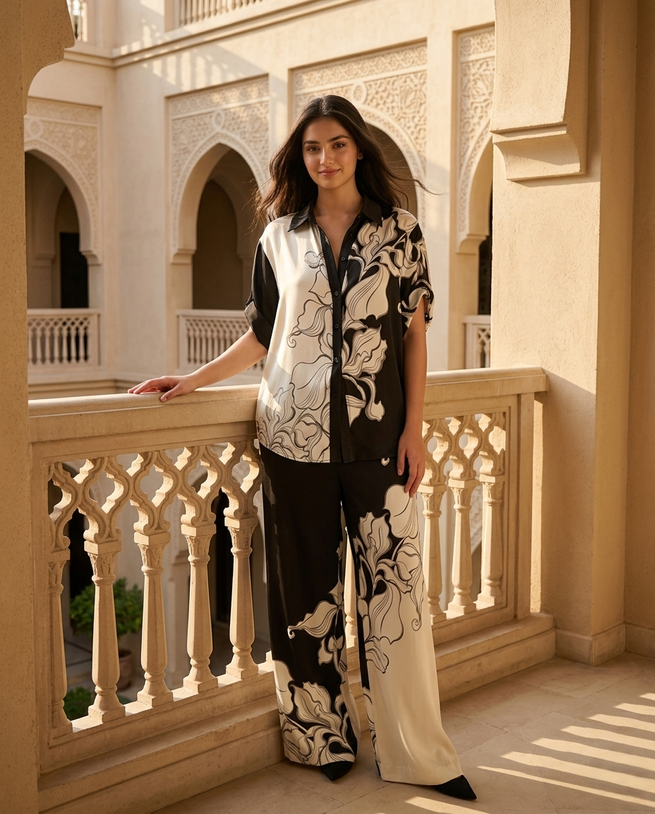 Monochrome Floral Printed Co-Ord Lounge Set