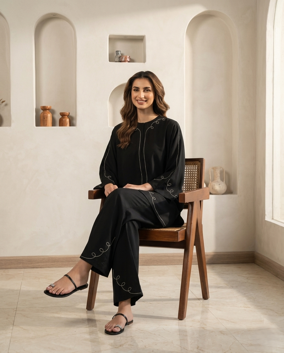 Elegant Black Embroidered Relaxed Co-Ord Set