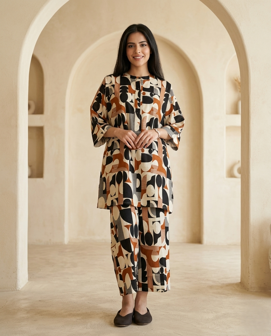 Abstract Geometric Printed Relaxed Co-Ord Set