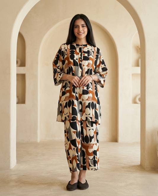 Abstract Geometric Printed Relaxed Co-Ord Set