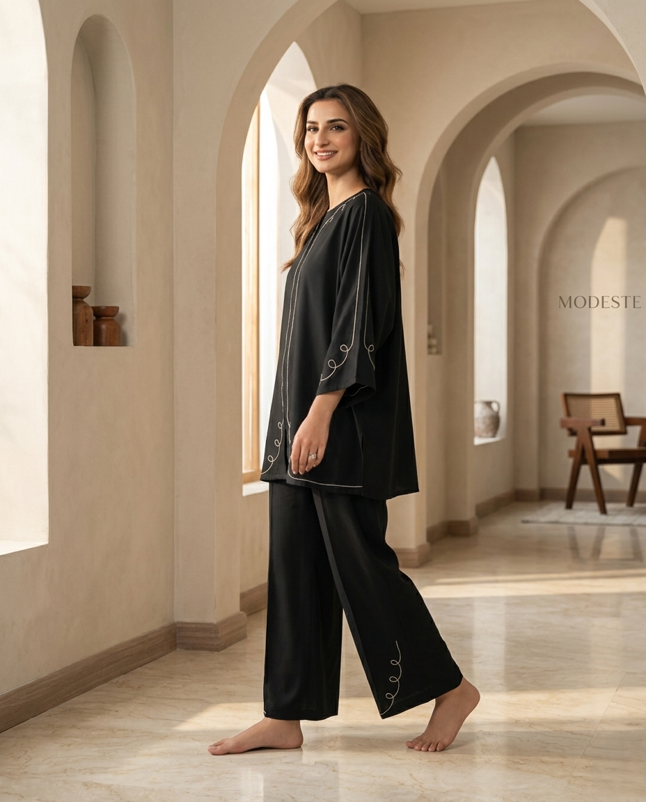 Elegant Black Embroidered Relaxed Co-Ord Set