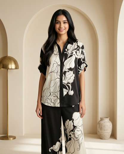 Monochrome Floral Printed Co-Ord Lounge Set