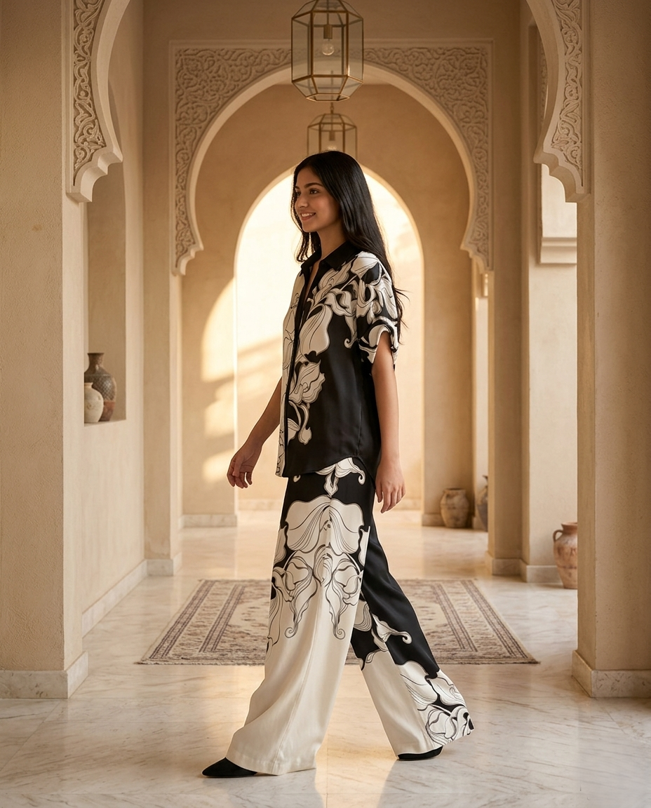 Monochrome Floral Printed Co-Ord Lounge Set
