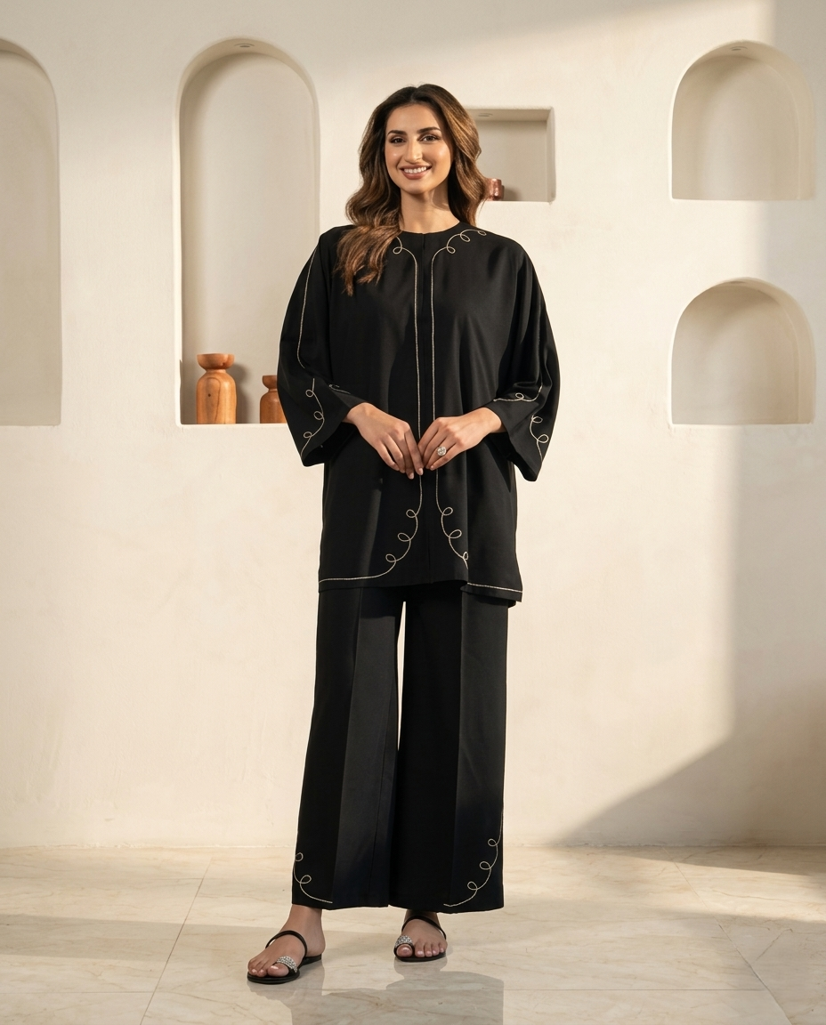 Elegant Black Embroidered Relaxed Co-Ord Set