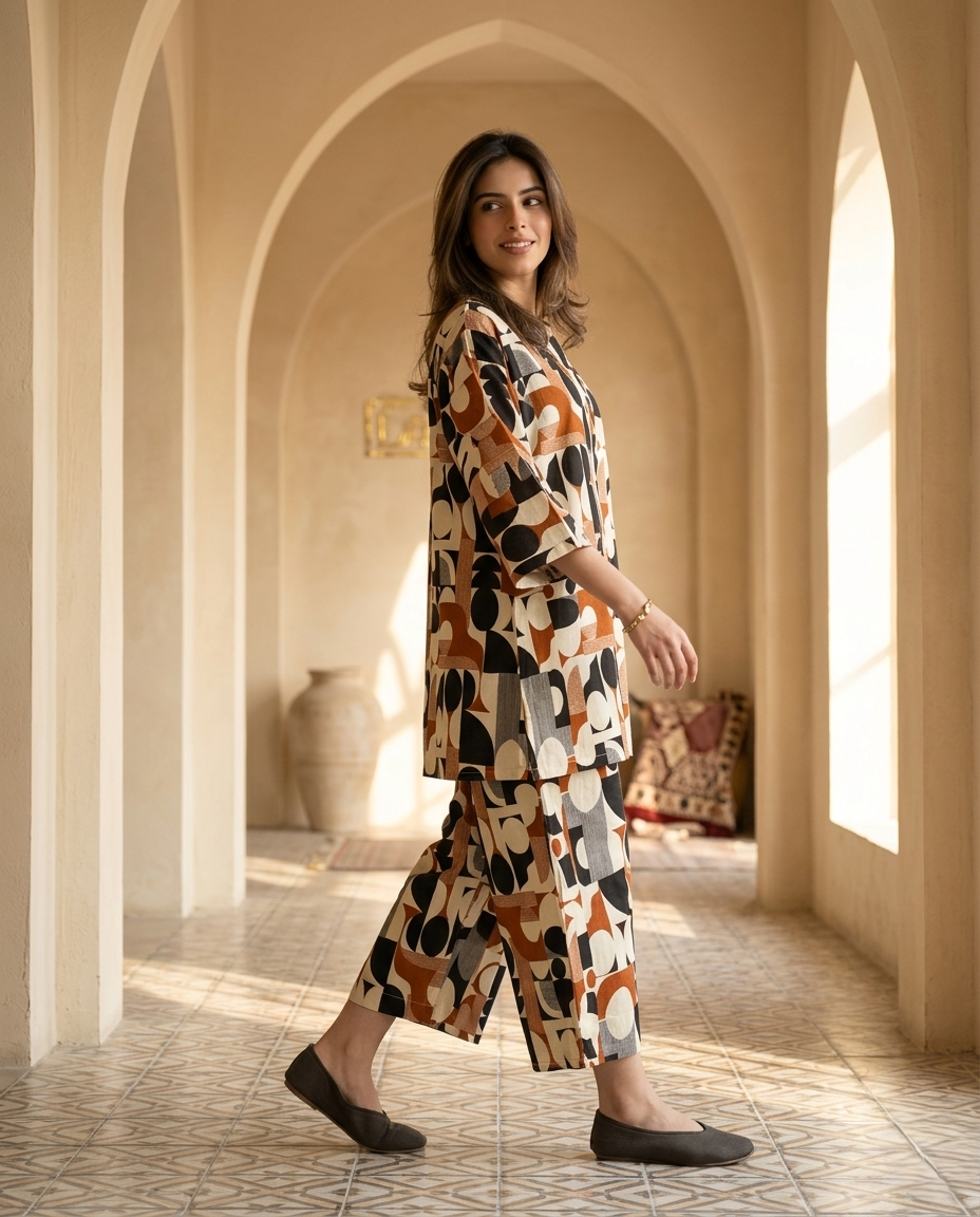 Abstract Geometric Printed Relaxed Co-Ord Set