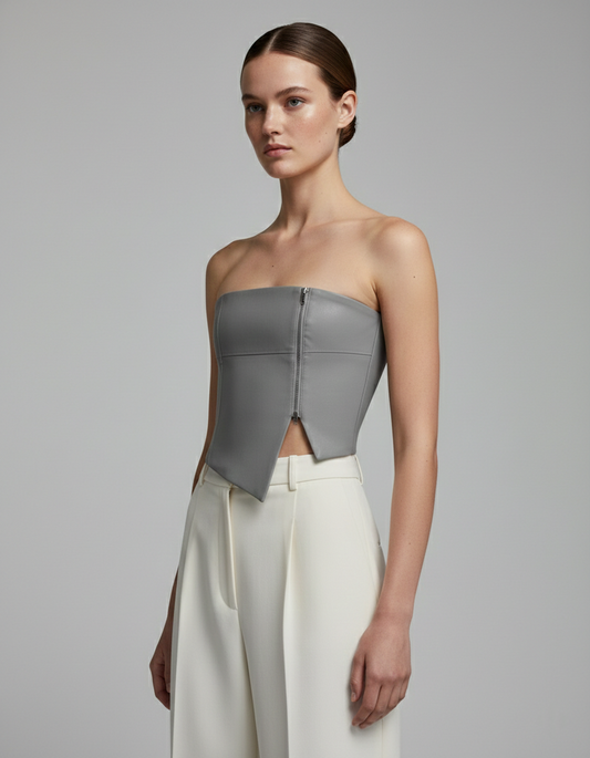 FAUX GREY LEATHER BANDEAU CROP TOP