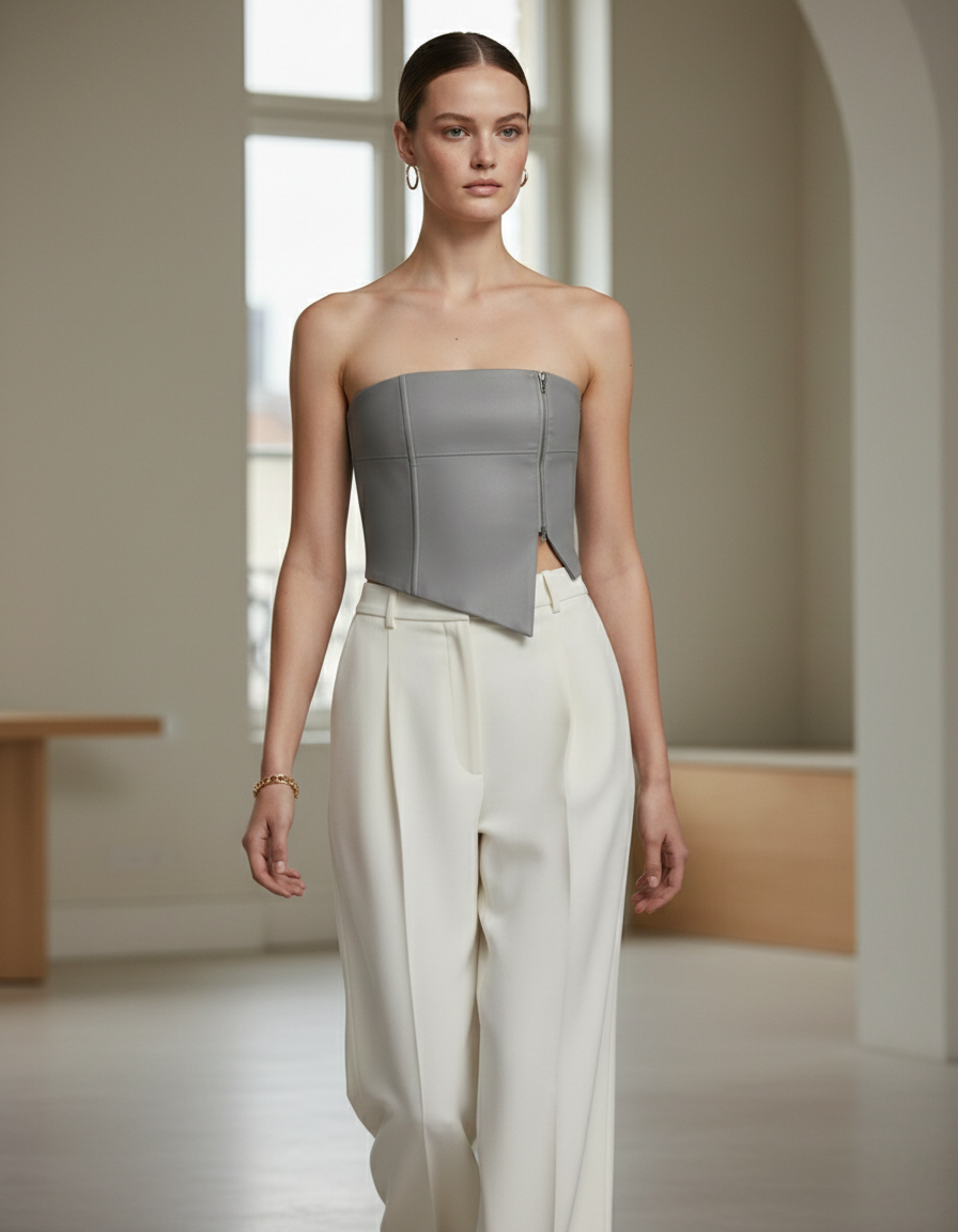 FAUX GREY LEATHER BANDEAU CROP TOP